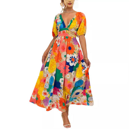 French Floral Puff Sleeve V Neck Maxi Dress