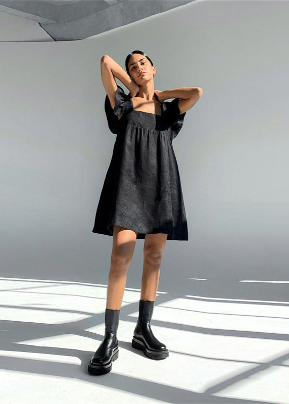Linen Mini Dress With Flutter Sleeves And Square Neckline