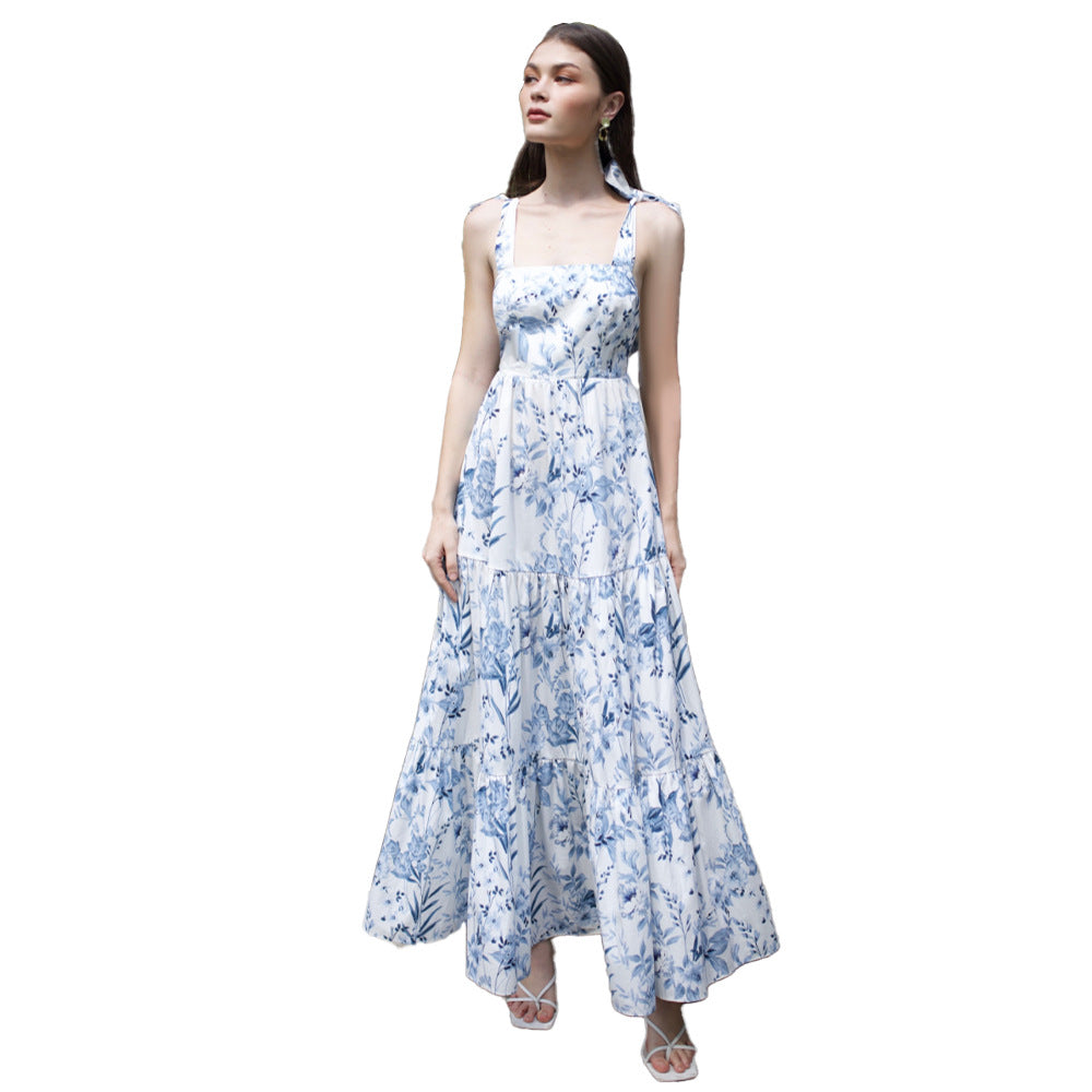 Women'S New Southeast Asian Skirt Summer Women'S Mosaic Print Lace Up Butterfly Knot Back Dress