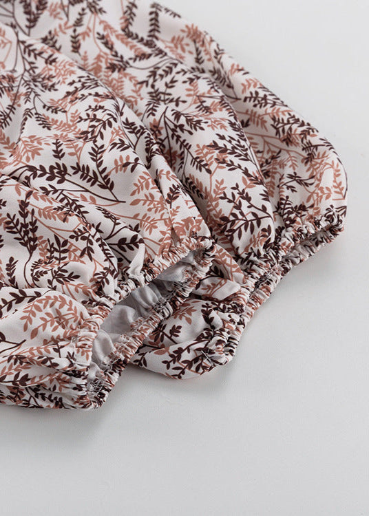 Fern Print Puff Sleeve A-Line Dress Brown