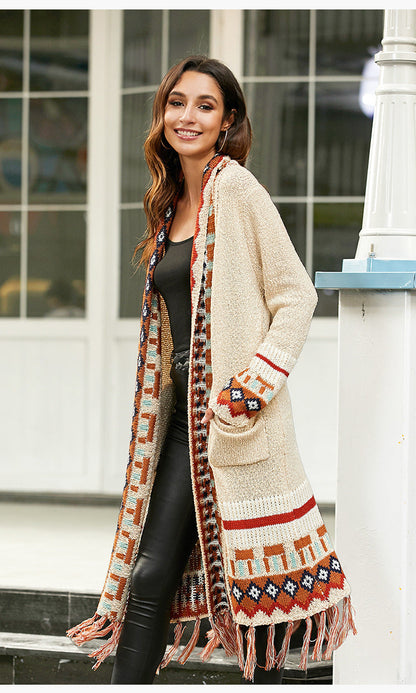 Ethnic Style Cardigan Sweater Women Retro Fringed Blouse Bohemian Style Knitted Sweater Cardigan Jacket