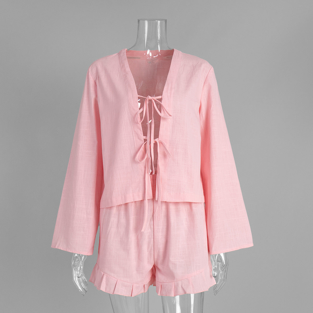 Cotton Tie-Front Cardigan And Shorts Set Casual Chic