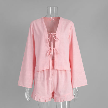 Cotton Tie-Front Cardigan And Shorts Set Casual Chic