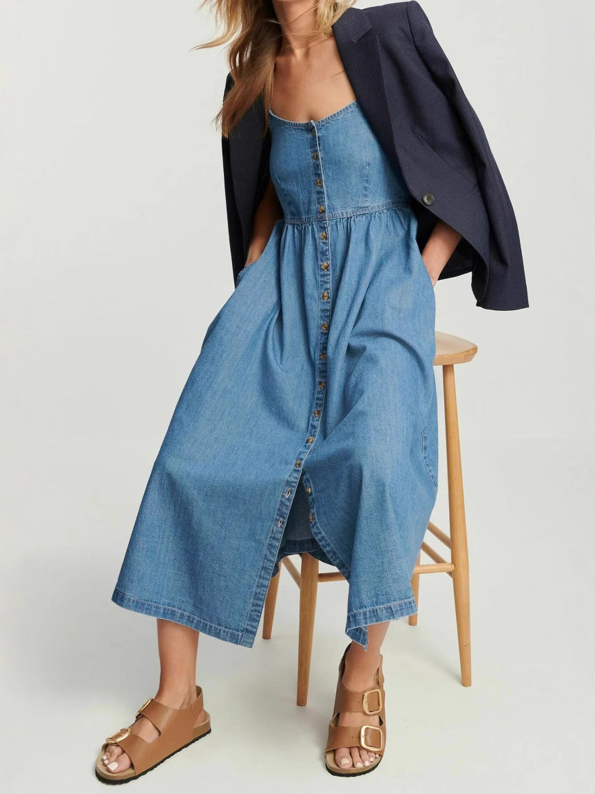 Trendy Casual Denim Sleeveless Midi Dress