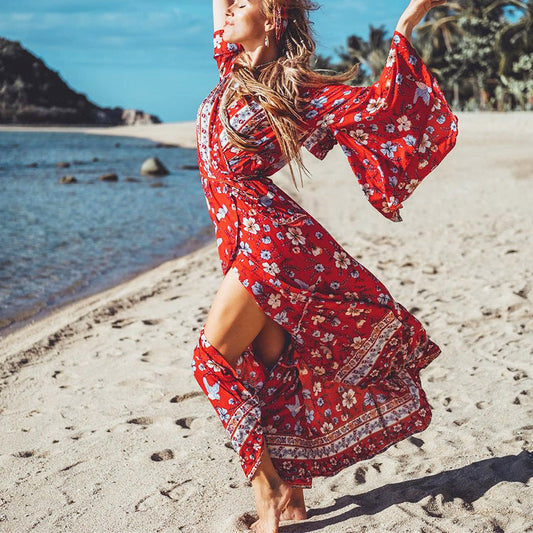 New Women'S Sexy Long Sleeve Mid Length Boho Print Dress