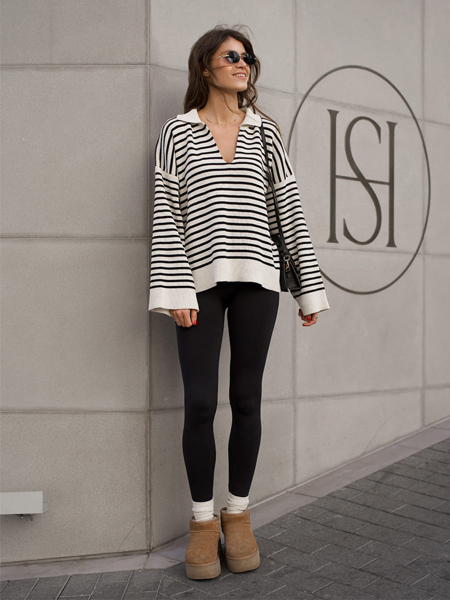 Black Striped Polo Sweater Casual Loose Knit Top