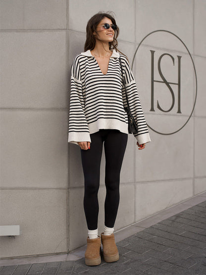 Black Striped Polo Sweater Casual Loose Knit Top