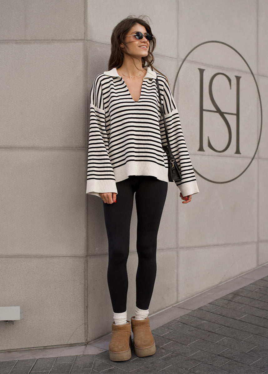 Striped V Neck Knit Sweater With Wide Sleeves