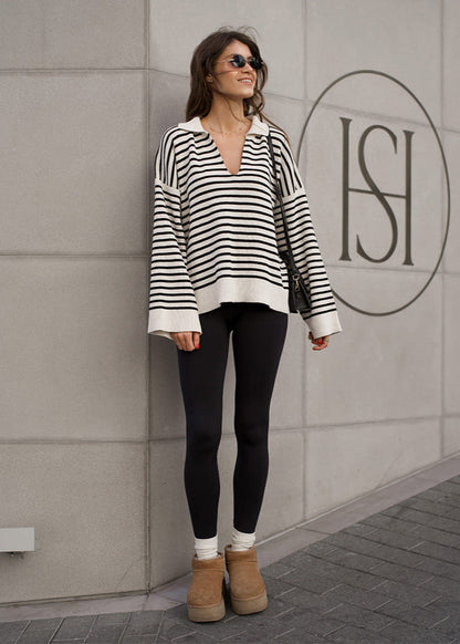 Striped V Neck Knit Sweater With Wide Sleeves