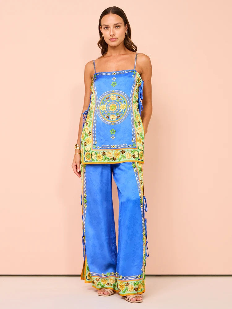 Stylish Vintage Ethnic Print Satin Lounge Set