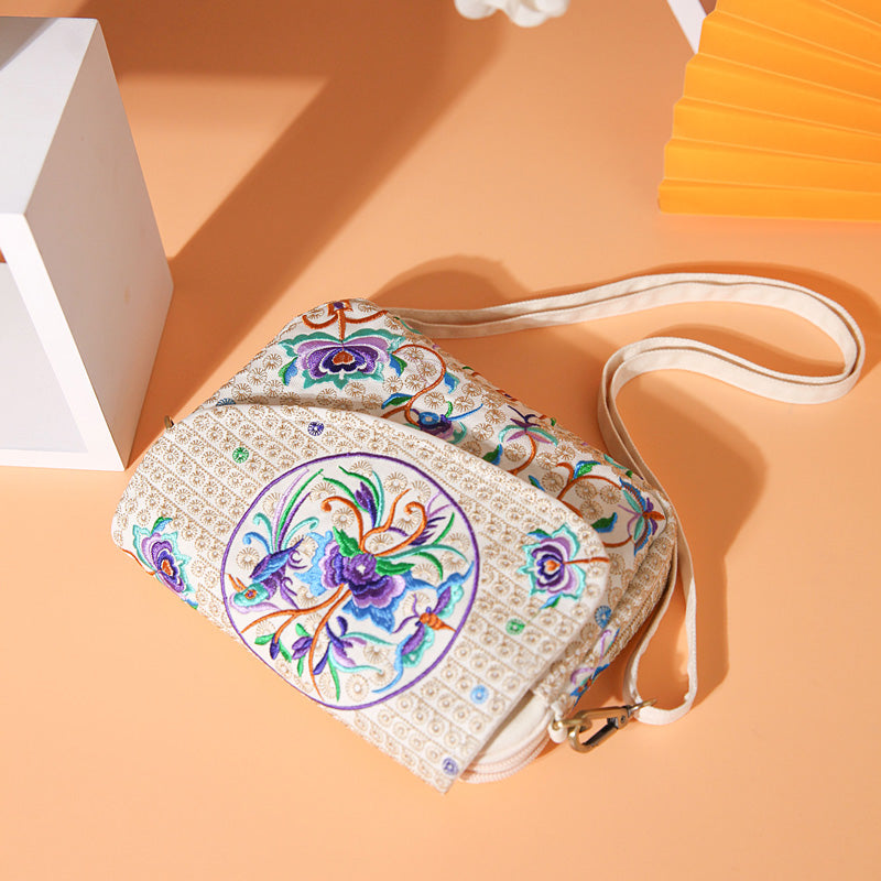 Colorful Cloud Impression Red And Blue Embroidery Versatile Canvas Flap Mobile Phone Crossbody Bag For Women