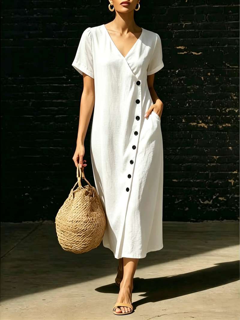 Linen Wrap V Neck Side Button Short Sleeve Midi Dress