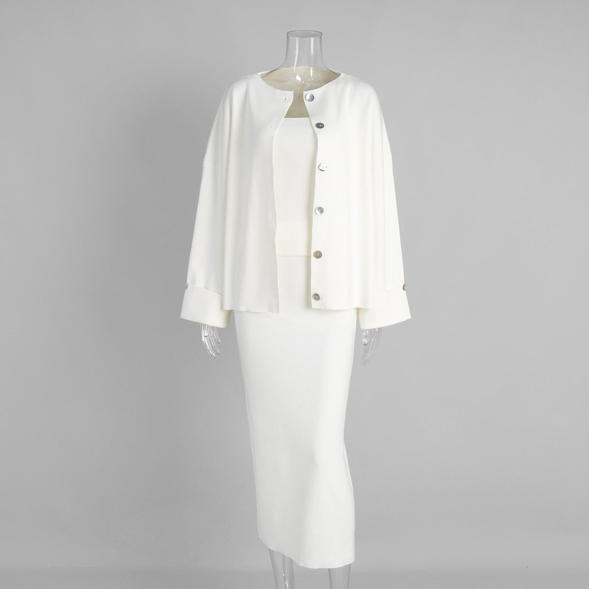 Knitted Long Sleeve Cardigan Set With Camisole And Skirt