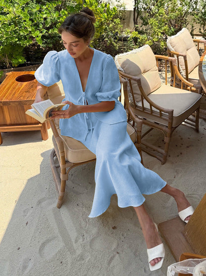 V-Neck Ruffled Sleeve Maxi Dress Set Comfortable Casual Cotton