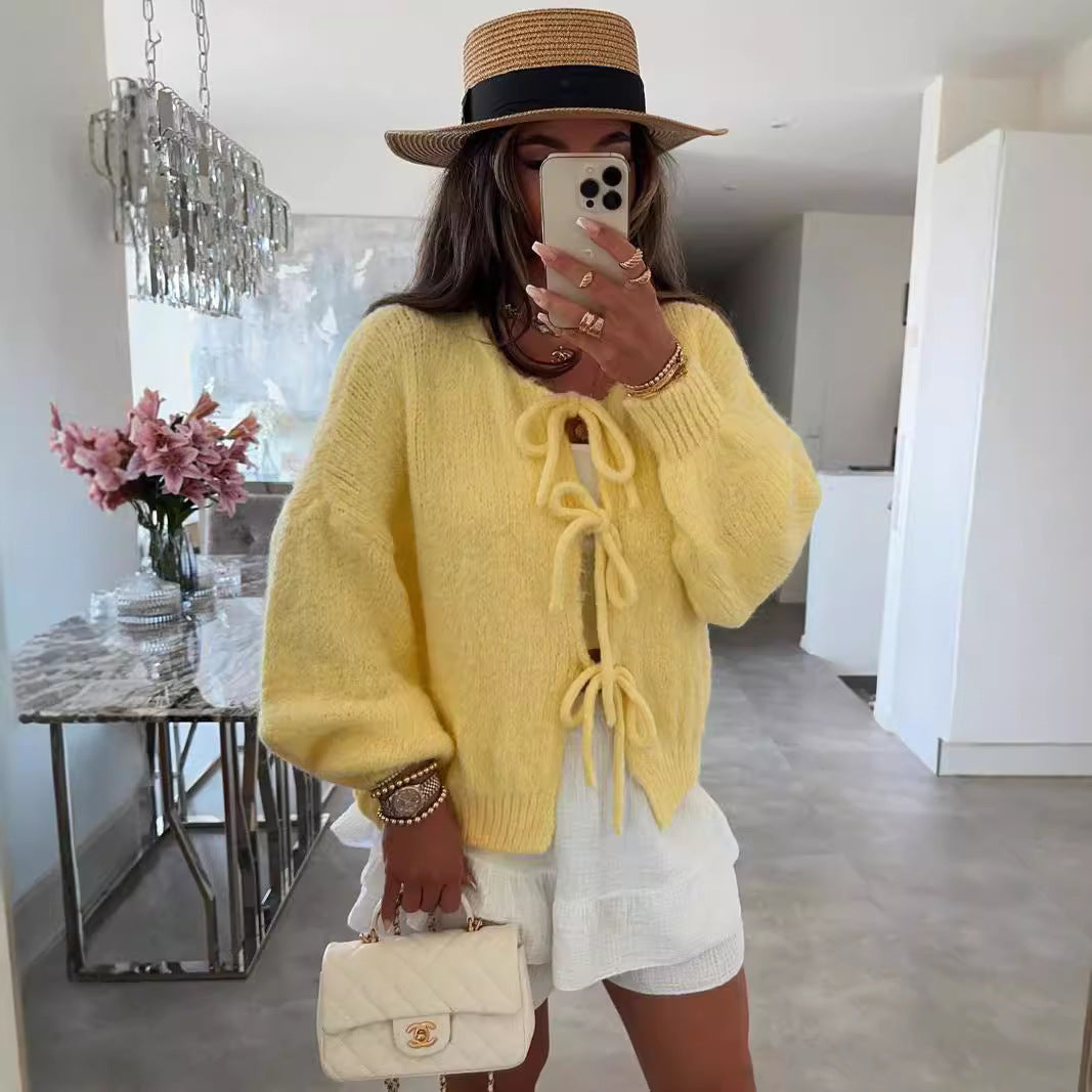Crew Neck Lace-Up Knitted Cardigan Jacket Autumn And Winter New Solid Color Commuting Simple Sweater Women