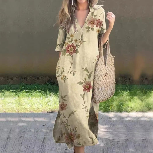 New Casual Summer Loose Skirt Slit V-Neck Print Imitation Hemp Dress Cotton