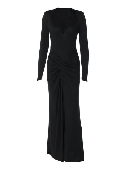 Trendy Solid Color Long Sleeve Dress with Waist Tie
