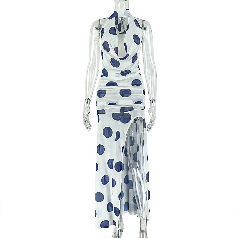 Black And White Polka Dot Halter Neck Dress With Slit