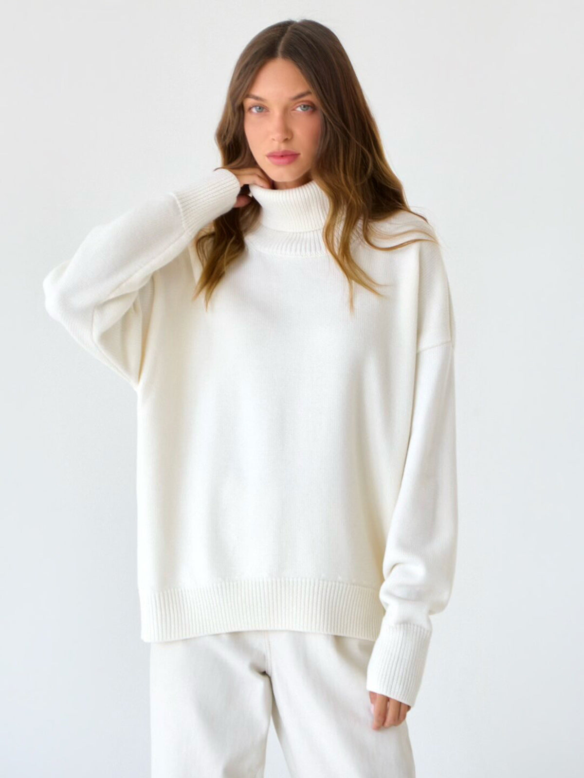 Solid Turtleneck Sweater Cozy Knit Pullover for Women