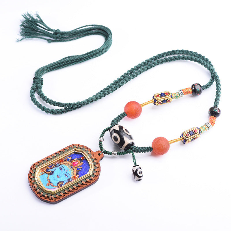 New Intangible Cultural Heritage Gem Painting Thangka Pendant God Of Wealth Zakiram Hand-Painted Thangka Leather Shell Pendant Single Pendant