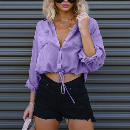Women's Denim Button-Up Shirt with Pockets