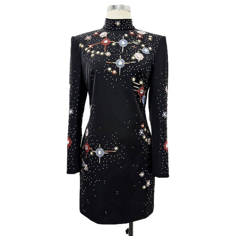 Stylish Black Bodycon Dress With Rhinestones For Parties