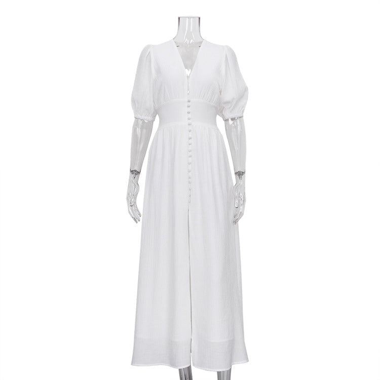 Elegant Puff Sleeve Fitted Maxi Dress with Slit