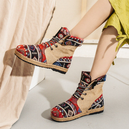 High-Top Linen Cloth Shoes Embroidered Lace-Up Flanging Color Matching Shoes National Wind Cotton And Linen Booties