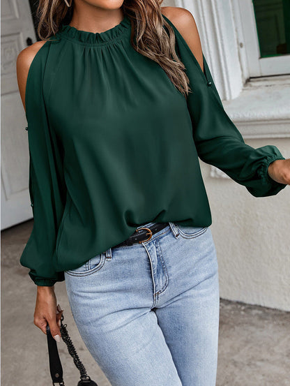 New Women'S Net Color Ruffle Round Neck, Long Sleeves, Creased Pleats, Off-The-Shoulder Fashion Blouse
