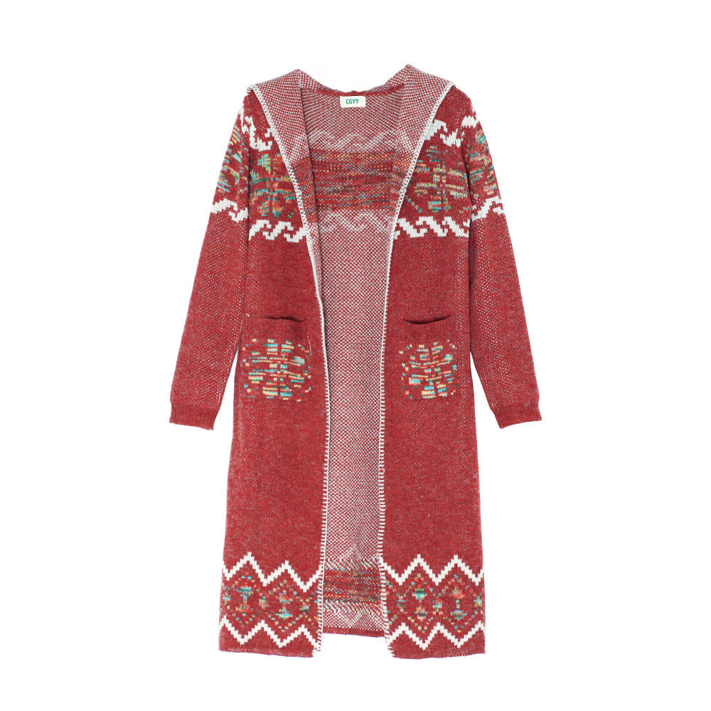 Bohemian National Style Cardigan Sweater Color Knit Flower Knit Sweater New Sweater Long Coat