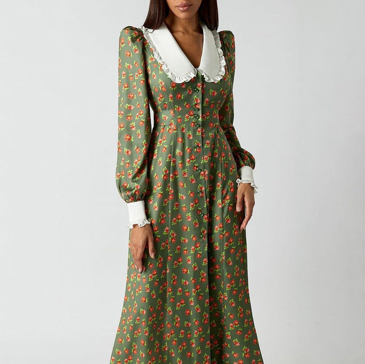 Elegant Floral Long Sleeve Dress with Peter Pan Collar