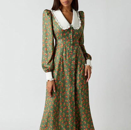 Elegant Floral Long Sleeve Dress with Peter Pan Collar