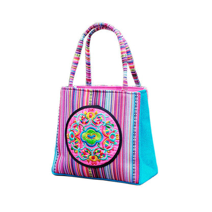 New Ethnic Style Bag Women'S Handheld Double Pull Bag Versatile Small Square Bag Striped Hand Bag