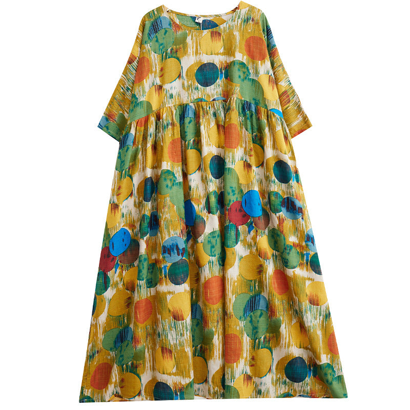 Simple And Fashionable Bohemian Long Dress, New Summer Style, Added Fat, Round Neck, Short Sleeved, Middle-Aged And Elderly Mom'S Dress