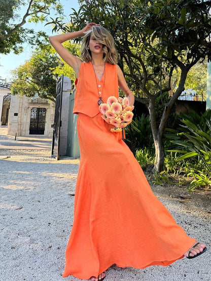 Linen-Cotton Maxi Vest and Skirt Set for Women