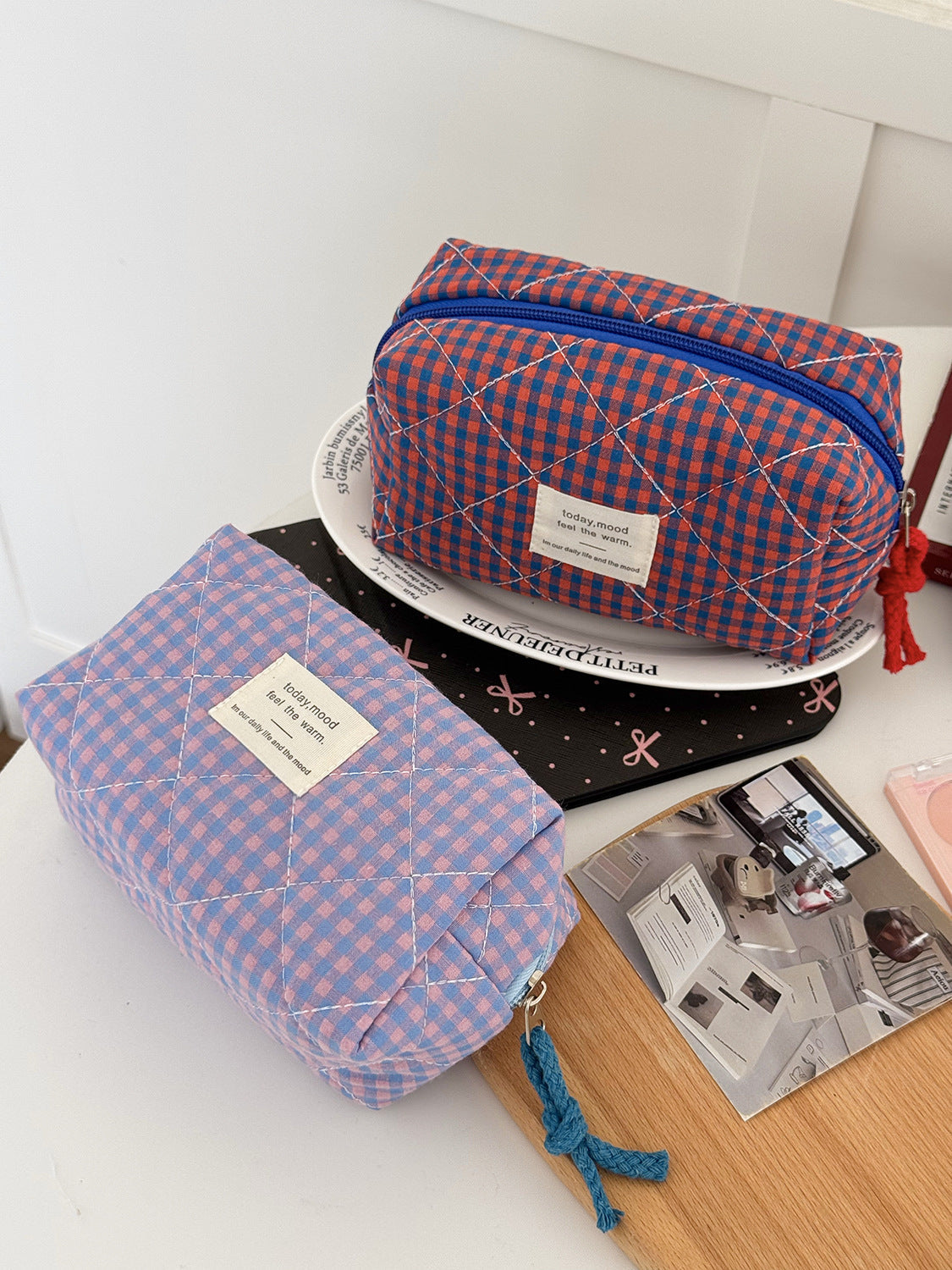 Color Block Plaid Makeup Bag Stylish Quilted Storage Organizer