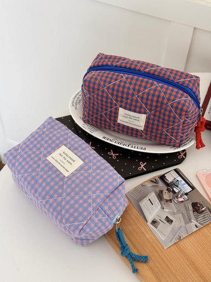 Color Block Plaid Makeup Bag Stylish Quilted Storage Organizer