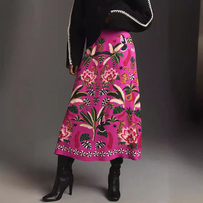 Retro Tropical Plant Print A-Line Skirt for Women