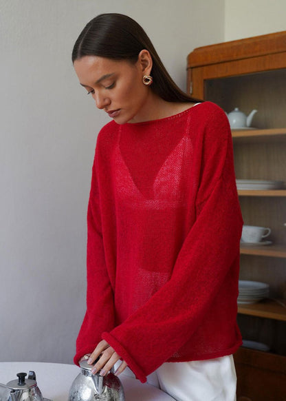 Sheer Knit Sweater Red Lightweight Relaxed Fit