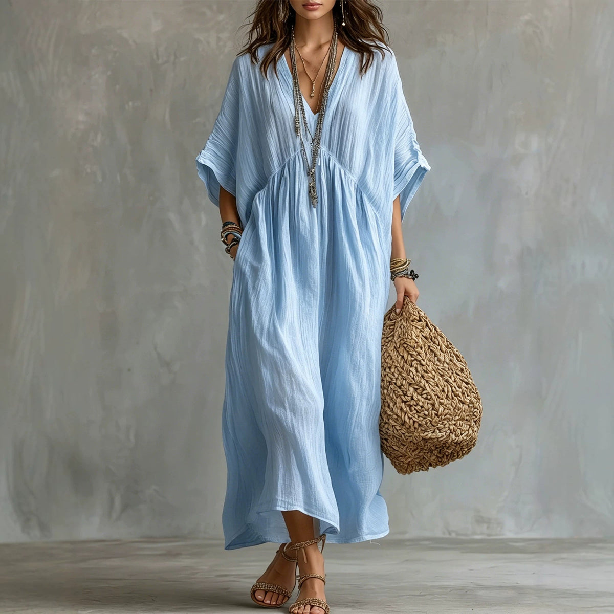 Crinkled V Neck Dolman Sleeve Gathered Waist Kaftan Maxi Dress
