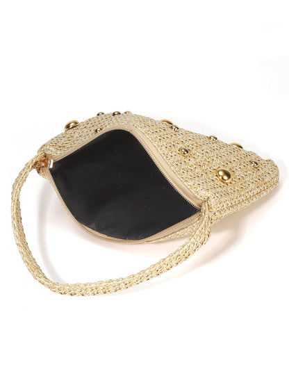 Trendy Rivet Bead Straw Evening Clutch Handbag