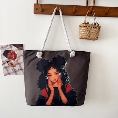 Trendy Cartoon Print Shoulder Tote Bag Durable Oxford Cloth Bag