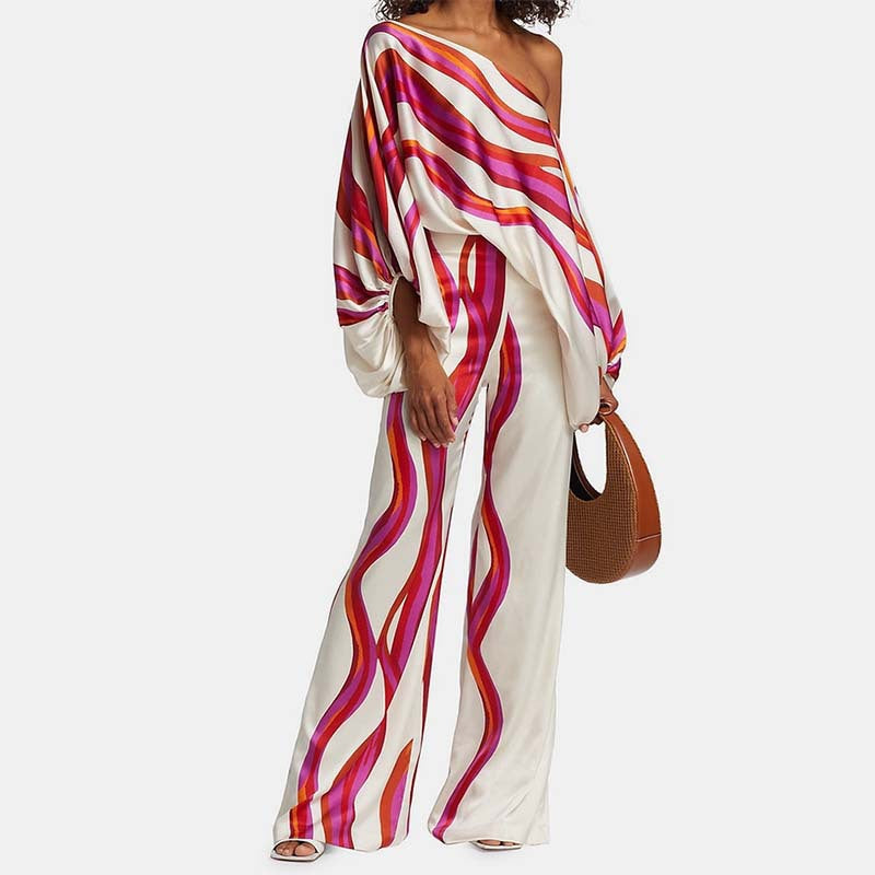 2025 Spring New Suit Printed Round Neck Loose Bat Sleeve Waist Wide Leg Pants Fashion Suit