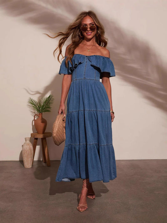 Casual Flounce Sleeve Denim Dress