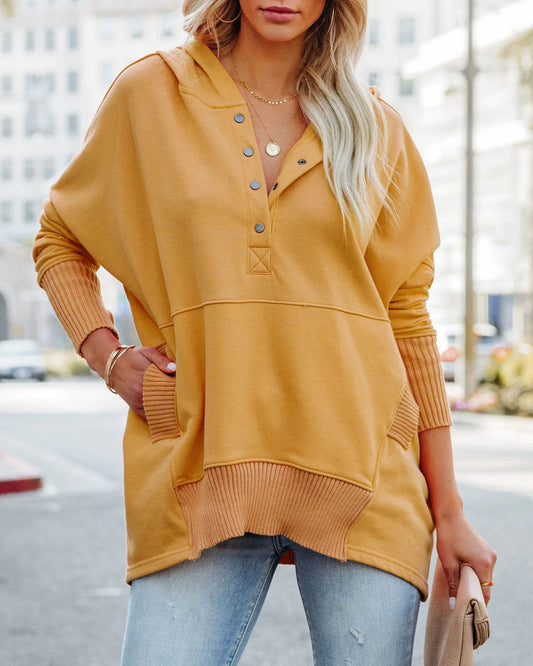 V-Neck Hooded Multi-Colored Bat-Sleeved Sweatshirt Loose Threaded Panels Top For Women