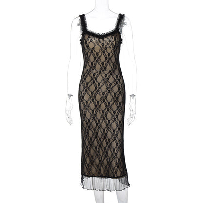 Sexy Lace Detail Bow Tie Midi Slip Dress