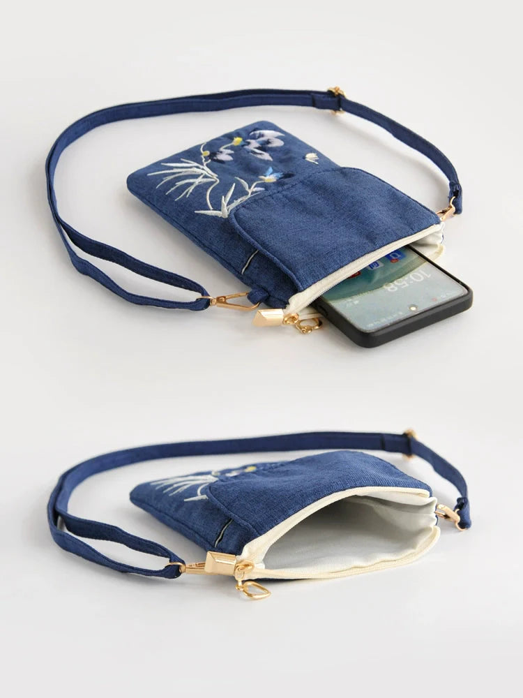 Embroidery Flower Bag Women'S Cotton And Linen Cloth Messenger Bag Small Bag Change Bag Close-Fitting Mobile Phone Bag Ethnic Style Mobile Phone Bag