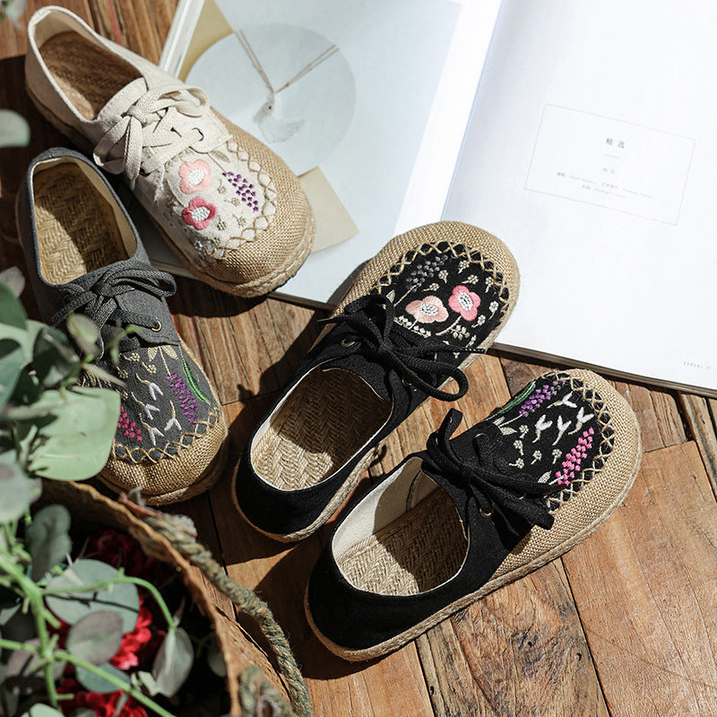 Leisure Lace Up Front Buckle Round Head Women'S Embroidered Shoes, Low Cut Flat Heel Cotton Linen Cloth Shoes, Spring And Summer Single Shoe