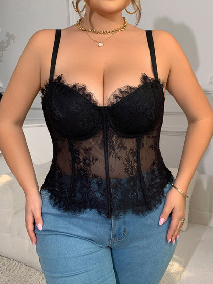 Black Lace Fishbone Underwire Camisole For Plus Size Fashion