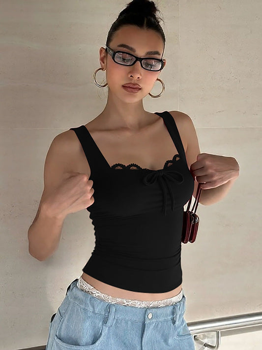 Sleeveless Lace-Up Crop Top with Bow Detail - Sexy Street Style